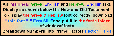 Text Box: An interlinear Greek_English and Hebrew_English text.Display as shown below the New and Old Testament.To display the Greek & Hebrew font correctly  download� Iota font � � Ezra SIL �and put it in the fonts folder c:\windows\fontsBreakdown Numbers into Prime Factots Factor  Table